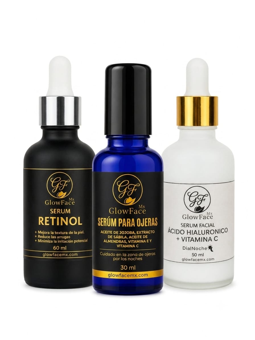 RUTINA ANTI-EDAD COMPLETA (3 PIEZAS): Serum Retinol+Acido Hialuronico+Vitamina C, Serum para Ojeras